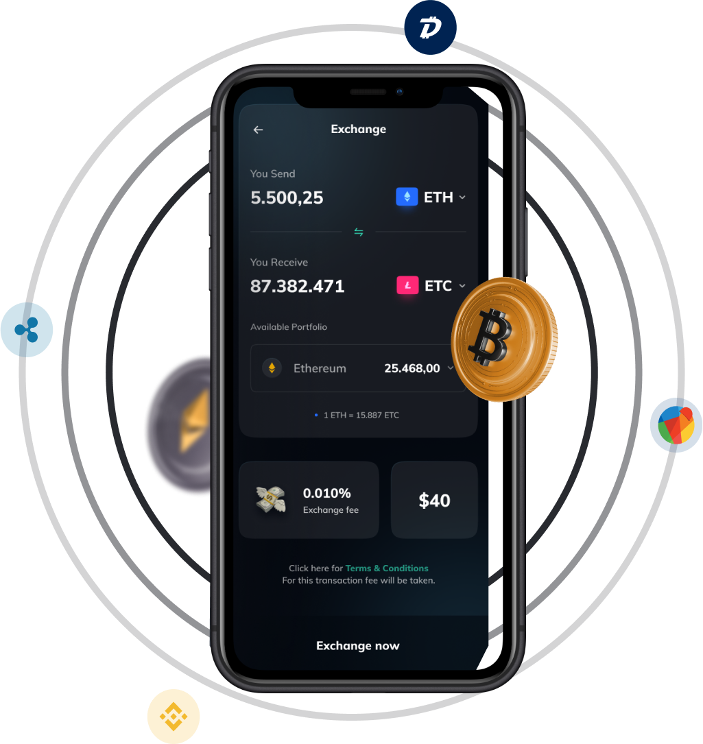 Exchange interface showing ETH to ETC conversion with real-time rates
